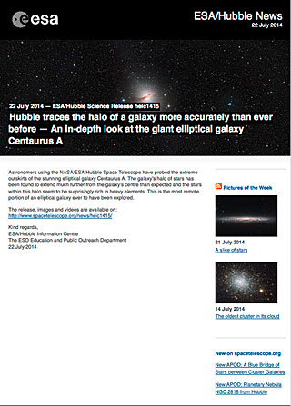 ESA/Hubble Science Release heic1415 - Hubble traces the halo of a galaxy more accurately than ever before  — An in-depth look at the giant elliptical galaxy Centaurus A