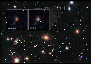 Cosmic lens MACS J1720+35 helps Hubble to find a distant supernova (annotated)