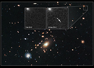 Cosmic lens RXJ1532.9+3021 helps Hubble to find a distant supernova (annotated)