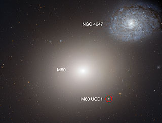 Galaksen M60 med M60-UCD1 og en anden nabogalakse NGC4647
