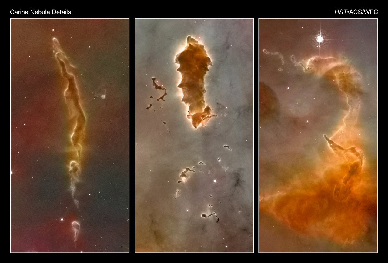 Image above: Bok globules in the Carina Nebula, as seen by the Hubble  title=