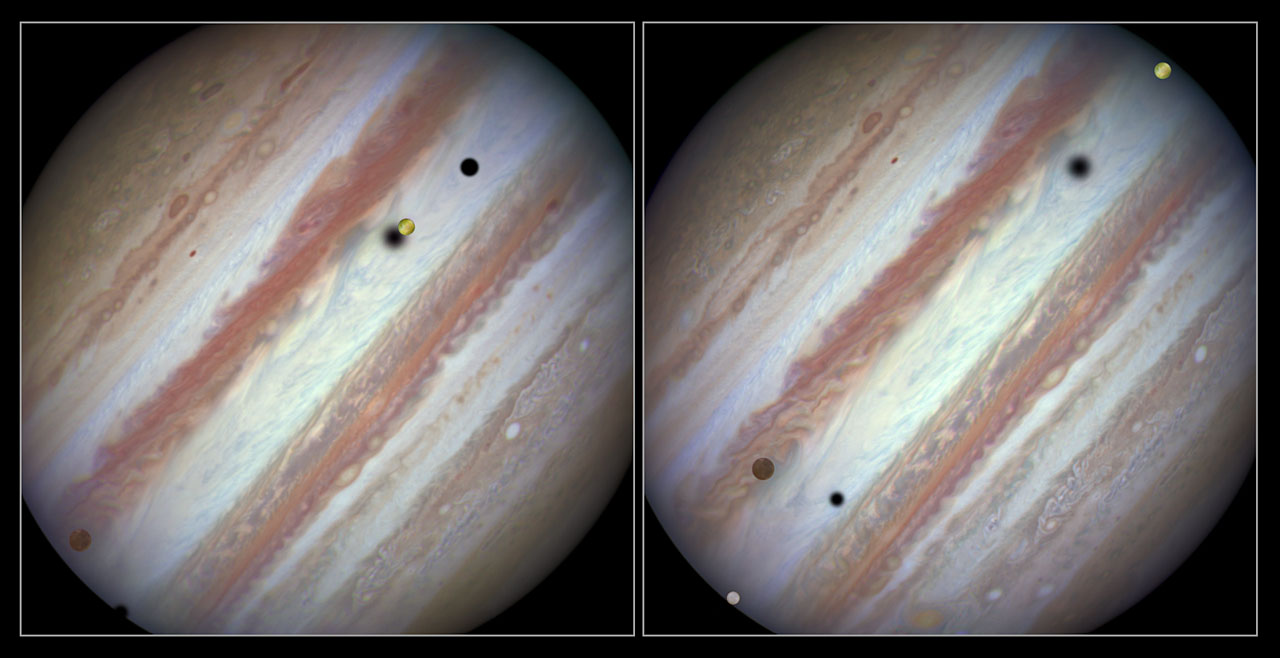 These new NASA/ESA Hubble Space Telescope images capture a rare occurrence as three of Jupiter’s largest moons parade across the giant gas planet’s banded face.