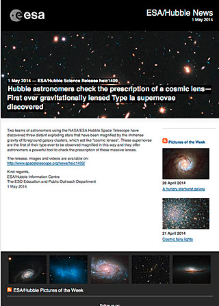 ESA/Hubble Science Release heic1409 - Hubble astronomers check the prescription of a cosmic lens — First ever gravitationally lensed Type Ia supernovae discovered