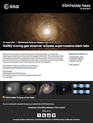 ESA/Hubble Science Release heic1413 - Swiftly moving gas streamer eclipses supermassive black hole