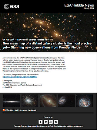 ESA/Hubble Science Release heic1416 - New mass map of a distant galaxy cluster is the most precise yet — Stunning new observations from Frontier Fields