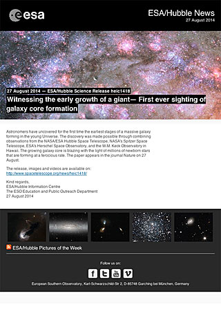 ESA/Hubble Science Release heic1418 - Witnessing the early growth of a giant — First ever sighting of galaxy core formation