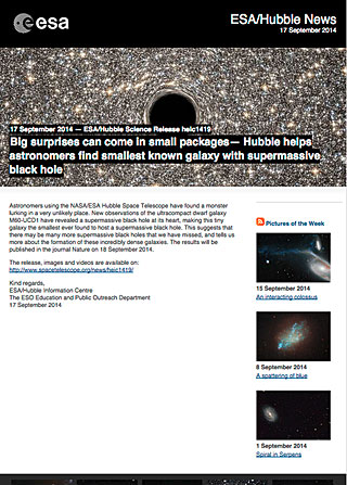ESA/Hubble Science Release heic1419 - Big surprises can come in small packages — Hubble helps astronomers find smallest known galaxy with supermassive black hole