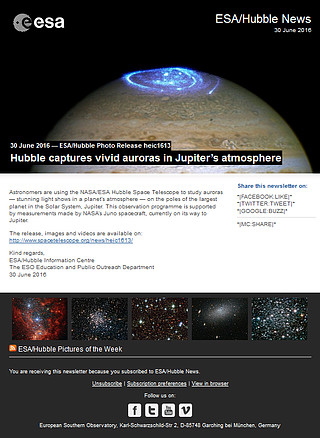 ESA/Hubble Photo Release heic1613 - Hubble captures vivid auroras in Jupiter’s atmosphere