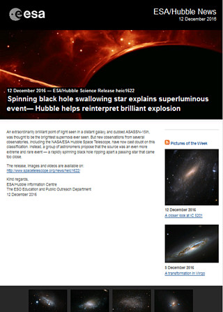 ESA/Hubble Science Release heic1622 - Spinning black hole swallowing star explains superluminous event — Hubble helps reinterpret brilliant explosion