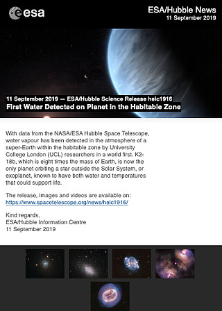 ESA/Hubble Science Release heic1916 - First Water Detected on Planet in the Habitable Zone