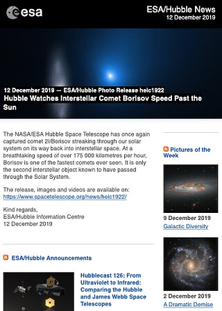 ESA/Hubble Photo Release heic1922 - Hubble Watches Interstellar Comet Borisov Speed Past the Sun