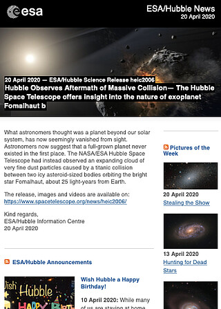 ESA/Hubble Science Release heic2006 - Hubble Observes Aftermath of Massive Collision — The Hubble Space Telescope offers insight into the nature of exoplanet Fomalhaut b