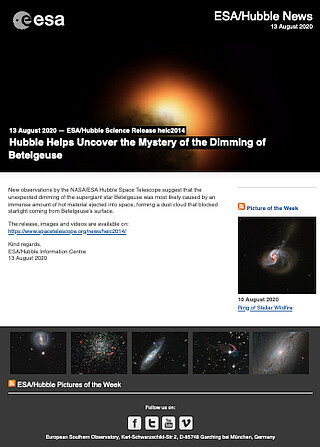 ESA/Hubble Science Release heic2014 - Hubble Helps Uncover the Mystery of the Dimming of Betelgeuse