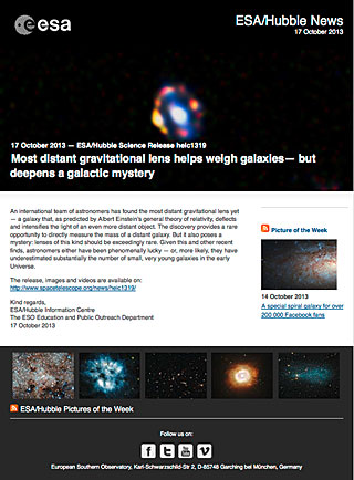 ESA/Hubble Science Release heic1319 - Most distant gravitational lens helps weigh galaxies — but deepens a galactic mystery